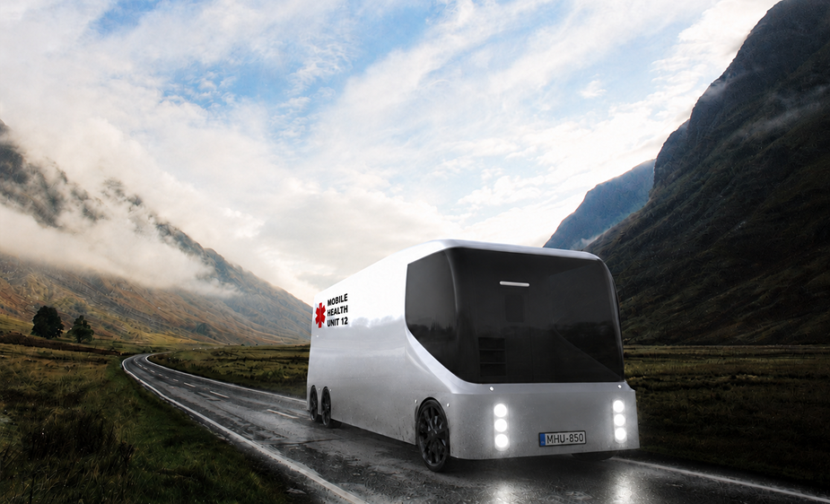 Mobile Health Unit driving through a rural landscape