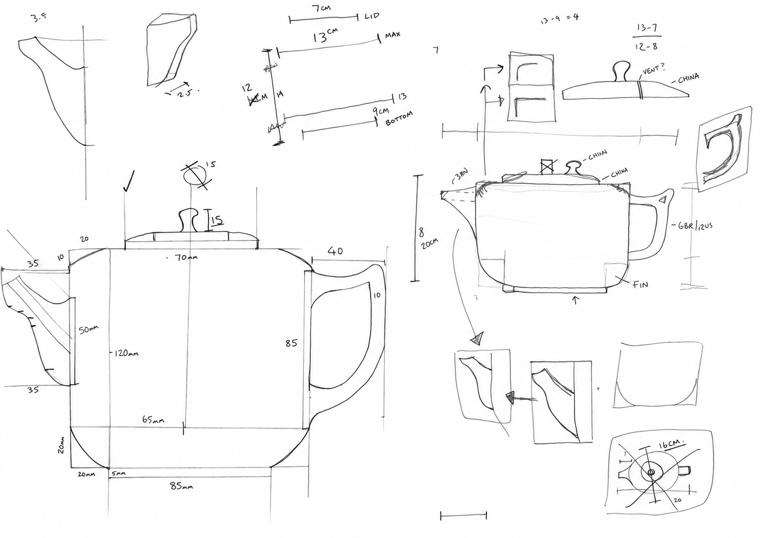 Teekannu sketches worked out on paper in true scale
